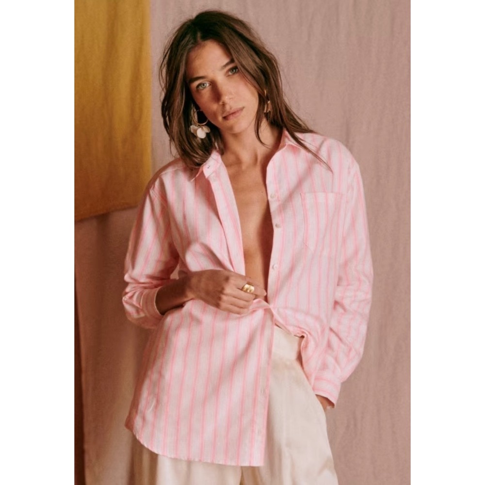 Sezane Max Shirt Pink Cream Striped Organic Cotton Button Down Top Size 4